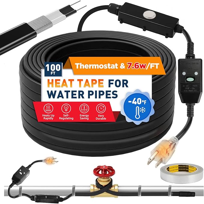 3~100FT Heat Tape for Water Pipes, UL & ETL Certified 60 FT Self-Regulating Pipe Heating Cable with Thermostat for Pipe Freeze Protection, Waterproof Heat Tape for Metal and Plastic Pipes,Black