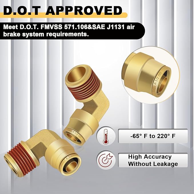 Siptenk 1/2" Elbow DOT Brass Push to Connect Air Line Fittings 5 PCS, 1/2" OD Tube x 1/2" NPT Thread Air Brake Line Quick Connect Fittings for Truck Trailers Industry Air System
