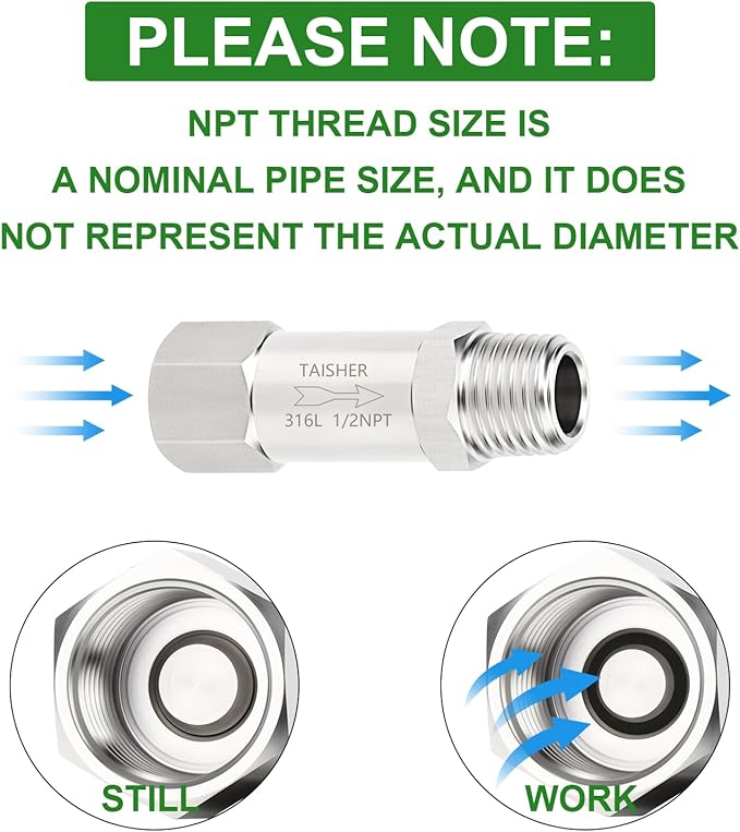 TAISHER 1PCS 316L Stainless Steel 1/2" NPT Male x 1/2" NPT Female Check Valve,Backflow Prevention,One Way Non-Return Check Valves