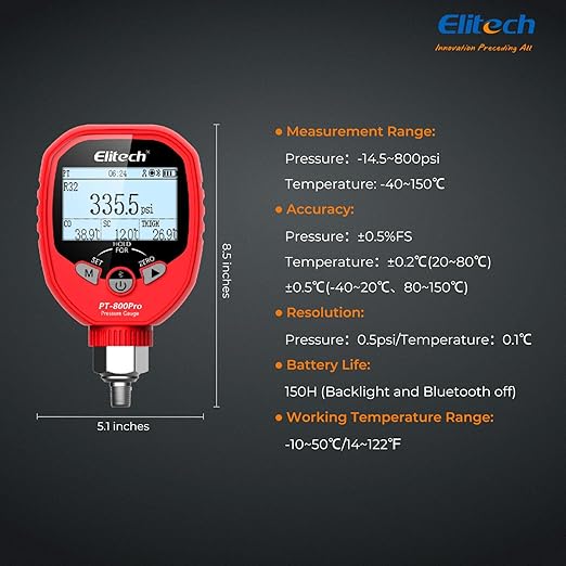 Elitech PT-800Pro Digital Pressure Gauge – High Pressure HVAC Refrigeration Manifold Gauge with Bluetooth, Temperature Clamp, and Leak Detection