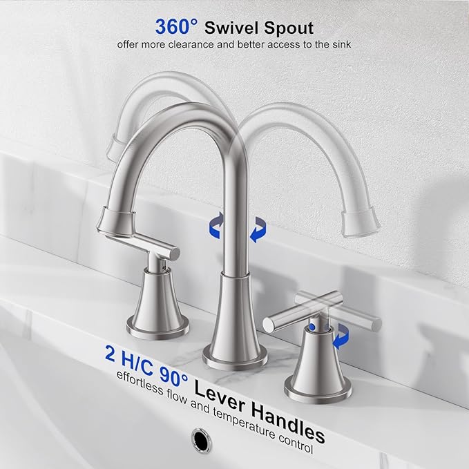 Bathroom Faucets for Sink 3 Hole, Hurran Brushed Nickel Bathroom Sink Faucet with Pop-up Drain and Supply Lines, Stainless Steel Lead-Free Widespread Faucet for Vanity RV Farmhouse Sink