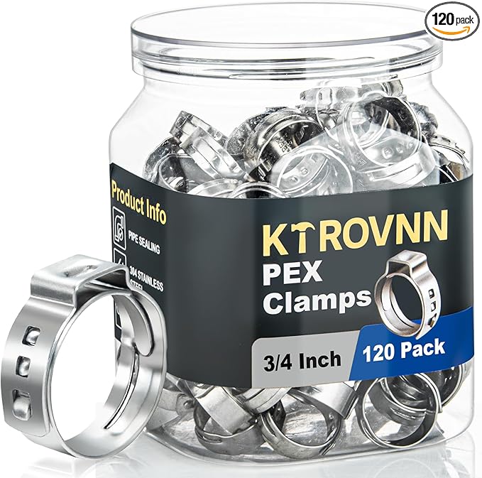 120 Pack 3/4 Inch PEX Cinch Clamps Rings, Heavy Duty 304 Stainless Steel Pex Crimp Rings, Thickened Single Ear Hose Clamps for PEX Tubing Pipe Fitting Connections