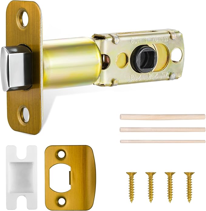 Antique Brass Adjustable Door Latch 60 or 70mm, 45° Turning Angle, Door Lock Replacement Parts with Door Strike Plate, Wood Dowel, Dust-Boxes