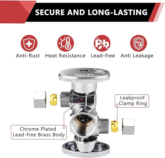 100-Pack EFIELD 1/4 Turn Dual Compression Outlet Angle Stop Valve with 2 Shut Off Valve/Handles, 1/2" Fip Iron Pipe x (3/8 inch x 3/8 inch) Chrome Plated,(VALVE140-100PCS)