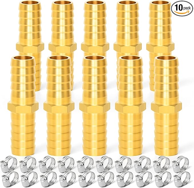GASHER 10 Pieces Brass Hose Barb Reducer, 1/4 Inch to 1/4 Inch(6.35mm) Hose ID with 20 Hose Clamp, Brass Barb Reducer SPLICER Fitting Fuel/AIR/Lquid/Oil/Gas/WOG