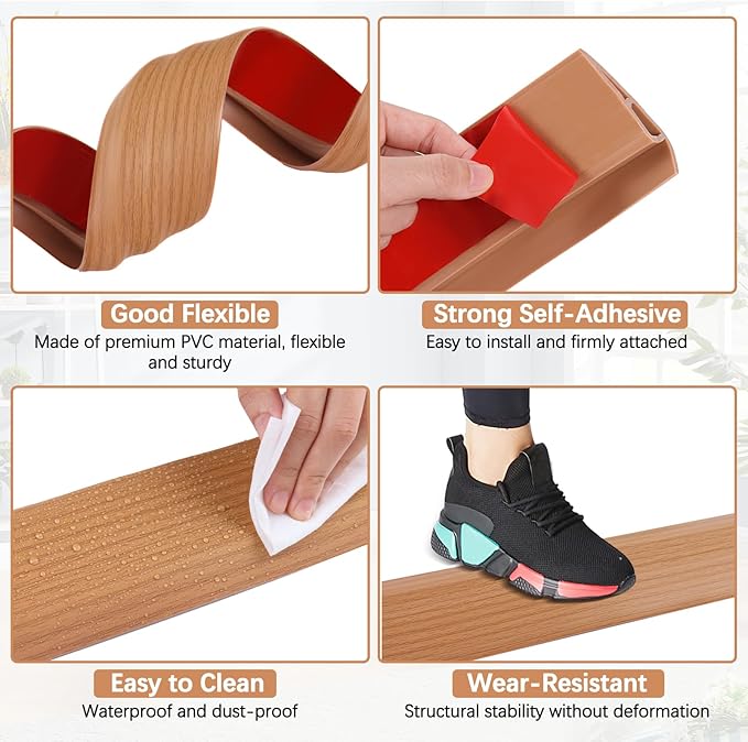 Vinyl Door Threshold Flooring Transition Strip Self Adhesive Carpet Edging Strip for Laminate Doorway Edge Threshold from 3/5" to 4/5" (Yellow Wood Grain, 10 Ft)