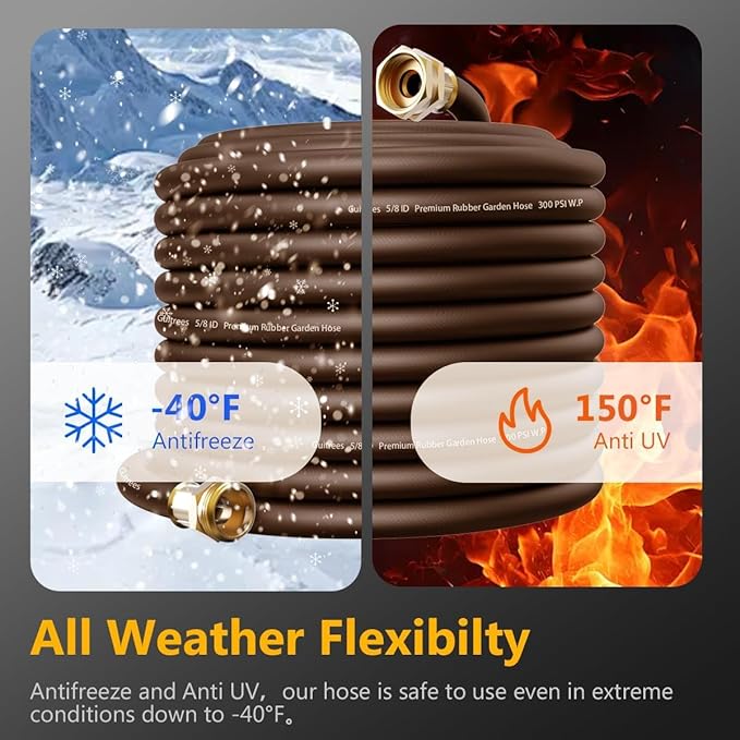 Garden Hose 25FT x 5/8", Heavy Duty Rubber Hose, Water Hose with Five Layered Braiding, Male to Female Fittings, 1000PSI Burst, 300PSI Working (Brown)
