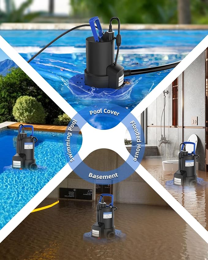 Automatic Pool Cover Pump - 1 HP 3500 GPH Submersible Water Pump with Check Valve and 3 Adapters, 29.5FT Cord for Pumps Above Ground Automatic On/Off System, Sump Pump for Basement Floods, Pond Pump