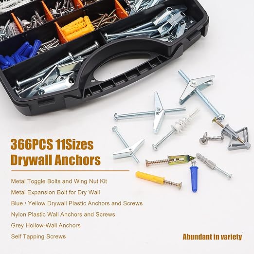 weideer 336PCS 11Sizes Drywall Anchors and Screws Assortment Kit,Toggle Bolts and Wing Nut Kit,Plastic Dry Wall Anchors with Wood Screws Handheld Box (1/4" 3/16" 1/8" #6#7#8 M8 M12 M13)