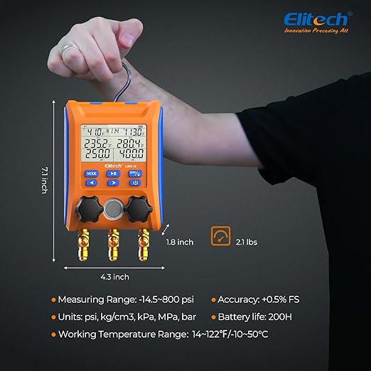 Elitech Digital Manifold Gauge 2-Way Valve with Thermometer Clamps for HVAC Systems, LMG-10Plus