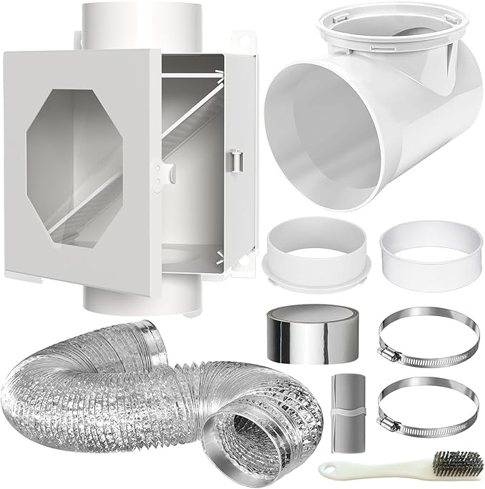 Dryer Lint Trap, Indoor Dryer Vent Kit, Metal Lint Catcher Box with 90 Degree Dryer Vent Elbow Set Vent Duct Hose Clamps Sealing Tape Cleaning Brush Filter Screens Space Saving Connector Kit