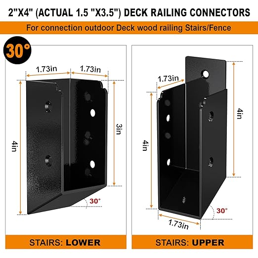 30° Stair Angle Stainless Steel Deck Railing Brackets Connectors for 2"x4" (Actual 1.5"x3.5") Railing Wood Post Stair Fence Railing Connectors with Coated Wood Screws,(8 Pair/Black)