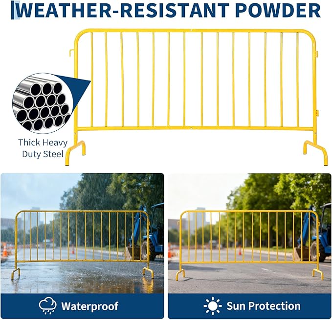 Interlocking Steel Barricade, 6.5 Ft. Heavy Duty Galvanized Metal Barricade, Interlocking Steel Road Barriers with with Bridge Feet Base, for Crowd Control Event Fencing Indoor/Outdoor, Yellow