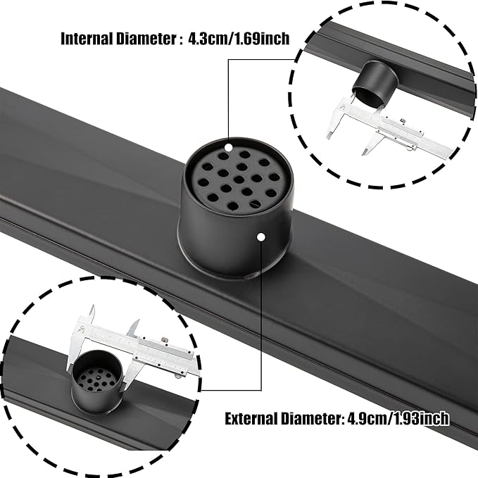32 inch Linear Shower Drain with Removable Square Hole Panel by Using 304 Stainless Steel Process, Linear Drain Equipped with Adjustable Feet and Hair Strainer（Matte Black Color）