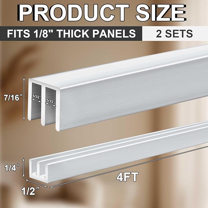 Landical 2 Set 4 Ft Long Metal Sliding Door Track Set for 1/8" Thick Panels Glass Cabinet Door Hardware System Window Sliding Track Quick Easy Installation (Silver)