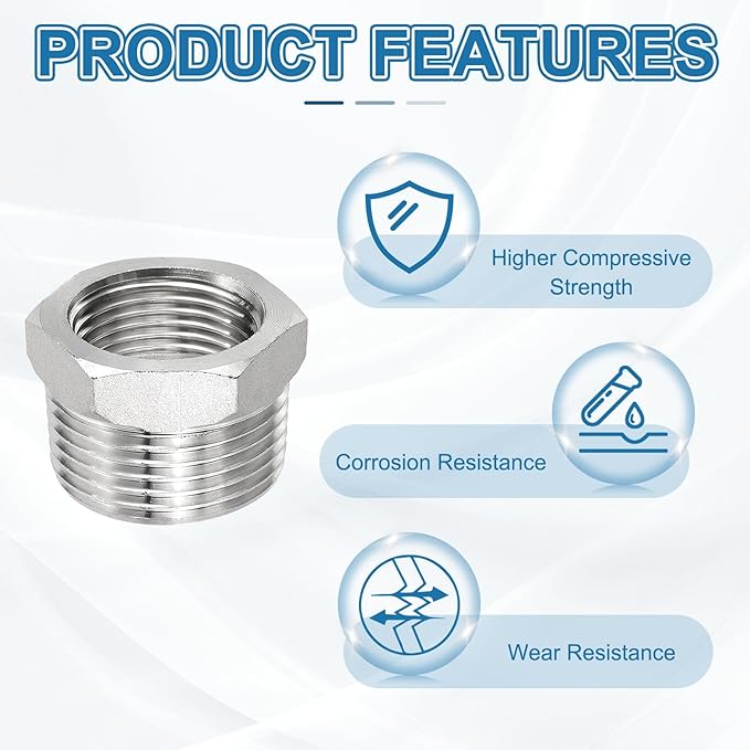 PATIKIL 304 Stainless Steel Reducer Hex Bushing 2 Pcs, 1" BSPT Male to 3/4" BSPT Female Pipe Reducing Adapter Fitting Connector for Water Gas Hydraulic Pipes Shower Hose, Silver