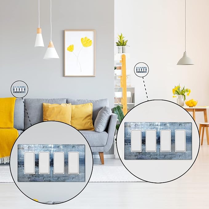 Blue Grey 4-Gang Rocker Light Switch Cover Abstract Art Decorative Wall Plate Cover Modern Electrical Outlet Covers
