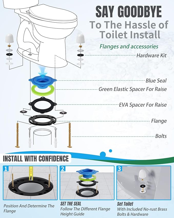 Toilet Flange Repair Kit with Flange & Elastic Wax Ring for Toilet Install, Toilet Ring Seal, Rubber Toilet Gasket Seal Replacement Kit Include Hardware Nuts, Washer, Bolts and Bolt Caps