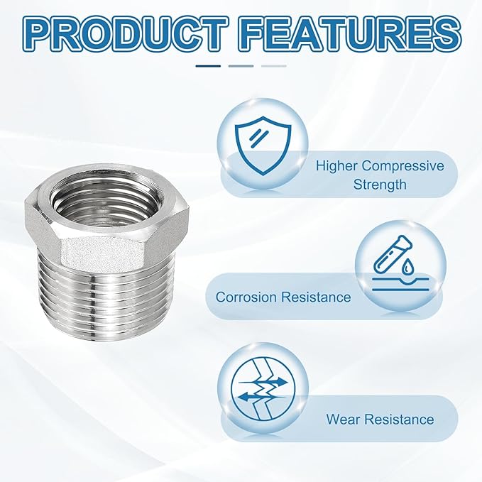 PATIKIL 304 Stainless Steel Reducer Hex Bushing 2 Pcs, 3/4" BSPT Male to 1/2" BSPT Female Pipe Reducing Adapter Fitting Connector for Water Gas Hydraulic Pipes Shower Hose, Silver
