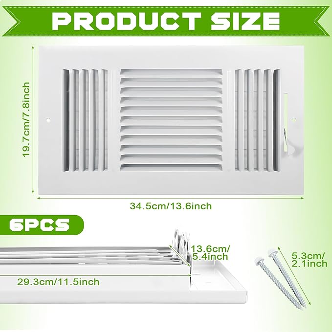 VIHOSE 6 Pcs Vent Covers 12 x 6 Inch HVAC Sidewall Air Ceiling Register 3 Way Vents for Wall Solid Steel Manual Adjuster for Bathroom Toilet Home Office(White)