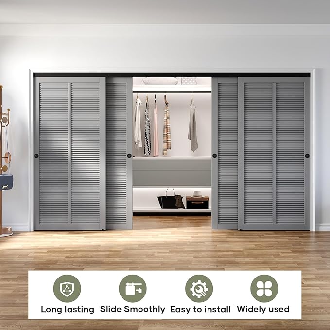 EaseLife 12FT/144in Bypass Double Sliding Pocket Door Hardware Kit,Commercial Grade,Aluminum,Bypassing Wardrobe Closet Door Track for 4 Door System,Slide Smoothly Quietly,Easy Install,Black,No Door