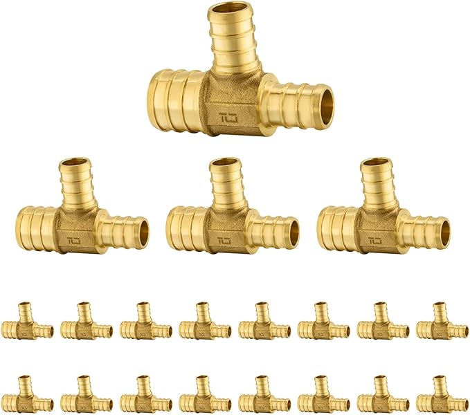 20-Pack Foskan PEX Fittings, 1"x3/4"x3/4" Reducing Tee,Brass Barb Crimp PEX Fittings for Hot or Cold Water Distribution