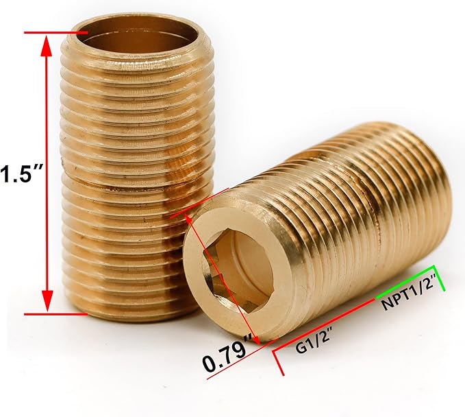 (2 pcs) Brass Pipe Adapter Plumbing, G Thread 1/2" Male to NPT Thread 1/2" Male Pipe Fitting Adapter, 1.5 inch Length, Seamless and Leakproof (1.5" Length)