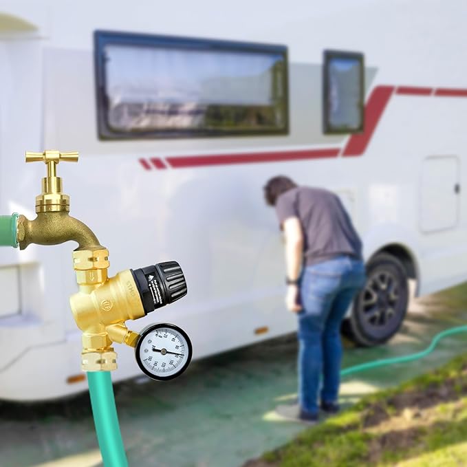 RV Water Pressure Regulator for RV Camper. Brass Lead-Free Adjustable Camper Water Pressure Regulator with 0-160 PSI Gauge ，Reducer Valve W Filter，Package includes 1 raw tape for water pipes.