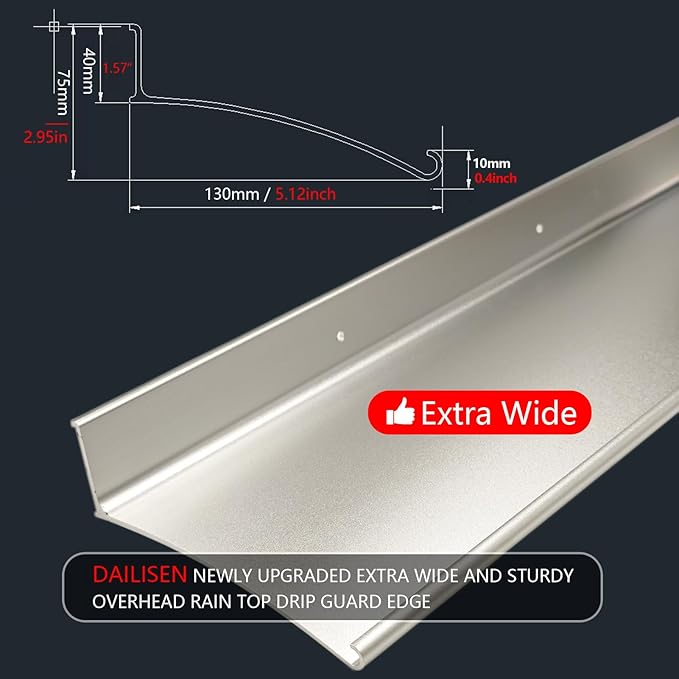 Extra Wide 5.12" W Door rain drip Guard Overhead,43.3" L Aluminum drip Cap for Exterior Doors Window Top,rain drip Edge Flashing,Water Deflector,rain Diverter,Anodized Silver 2PCS