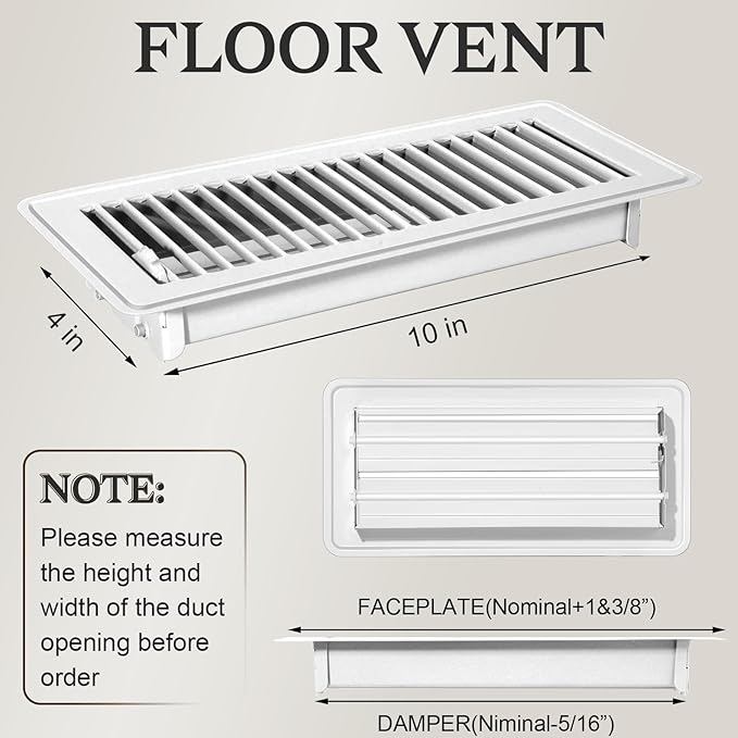 8 PCS Floor Vents Floor Registers 4x10 inch, Heavy Duty Metal Heat Air Vent Covers 4 X 10 with Rust Proof Finish for Home Office Wall Floor Registers Grilles & Vents (8, White, 4x10 Inches)