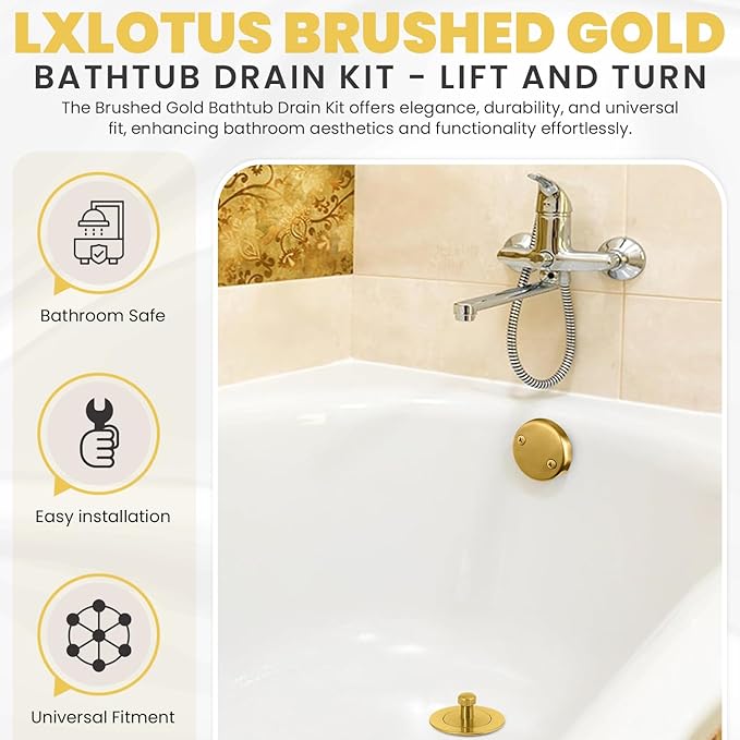 Brushed Gold Bathtub Drain - Lift and Turn - Gold/Brass Tub Drain, Overflow Drain Cover, and Tub Drain Replacement Kit - Solid Brass - Professional Grade - Fits 1-3/8" and 1-1/2"