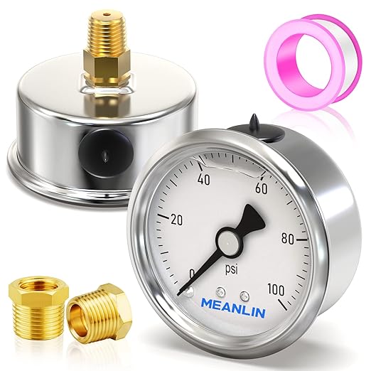MEANLIN MEASURE 0~100Psi Stainless Steel 1/4" NPT 2.5" Single Scale FACE DIAL,Glycerin Filled Pressure Gauge, WOG Water Oil Air Back Mount, with 1/4" x 1/2" NPT and 1/4" x 3/8" NPT Hex Bushing