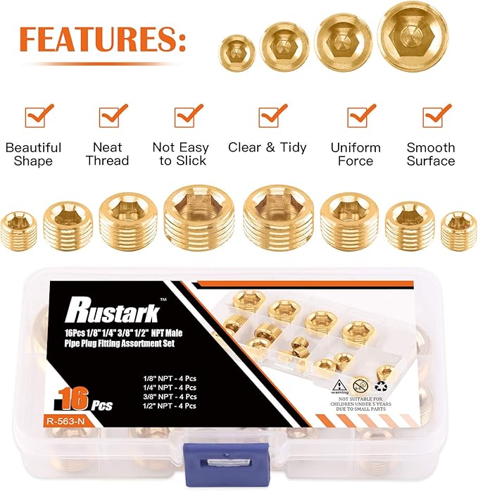 Rustak 16 Pcs Brass Pipe Plugs Assortment Set 1/8" 1/4" 3/8" 1/2" NPT Brass Pipe Fitting, Internal Hex Thread Socket Plug Kit for Water Pump Ports, Oil Sender Holes, Engine Block
