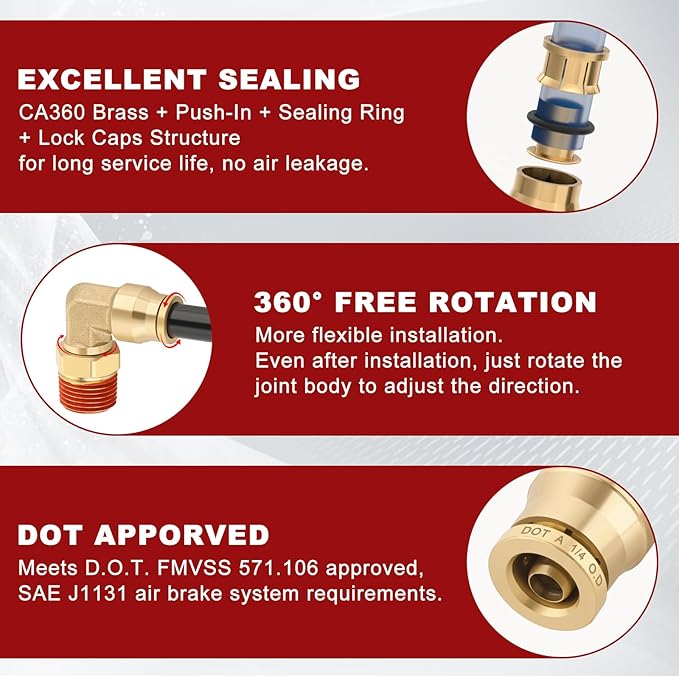 1/4" Quick Push to Connect Fittings Brass 90 Degree Union Swivel Elbow Joint DOT Approved 1/4" Tube OD x 3/8" NPT Thread Air Brake Line Adapter Air Suspension Kit for Car Truck Trailers 2pcs