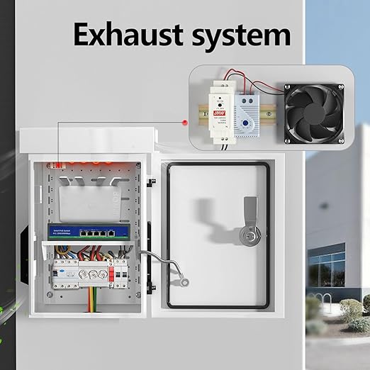 Outdoor Electrical Box with Thermostat and Fan, Cold-Rolled Steel Plate, Aluminum Alloy Back Beam, One-Piece Ventilation Design, IP65 Waterproof, Wall/Pole Mounted. (17.7" x 13.7" x 7.9")