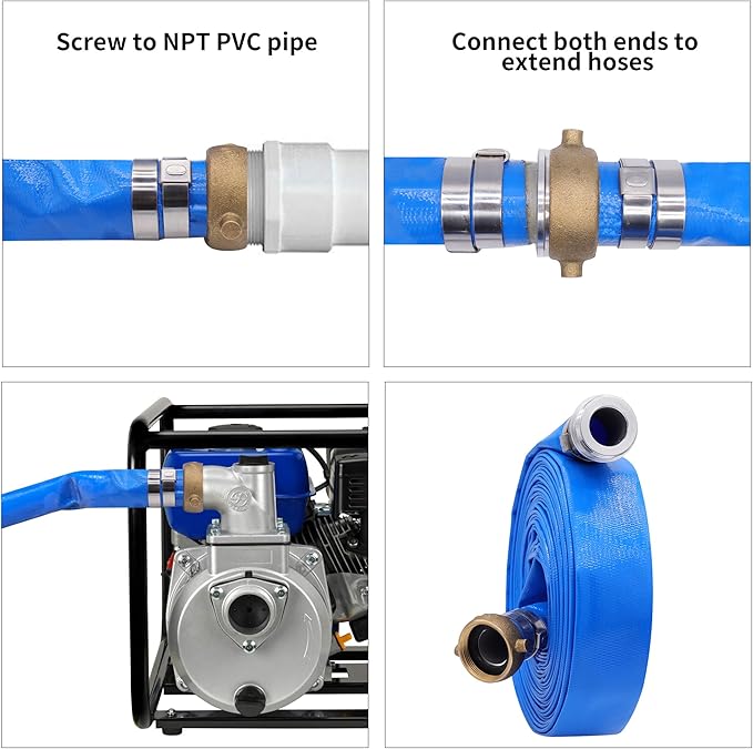 1-1/4" x 50′ PVC Lay Flat Water Pump Discharge Hose With Aluminum Pin Lug Fittings, Reinforced Pool Backwash Hose Assembly