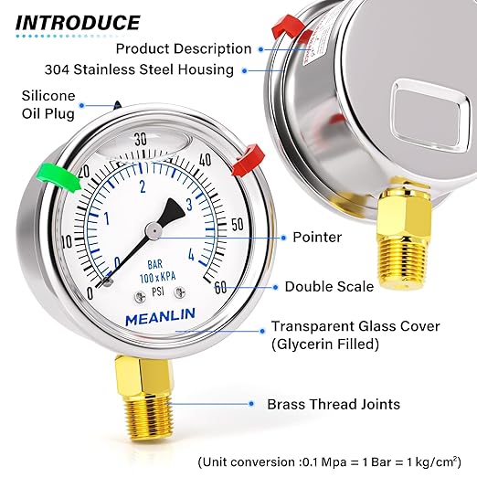 MEANLIN MEASURE 0~60Psi Liquid Filled Pressure Gauge Stainless Steel 1/4" NPT 2" FACE DIAL for Pool Filter Pump Oil Air Compressor Tire Pressure Tester Lower Mount, with Hex Bushing and 2PCS Snaps