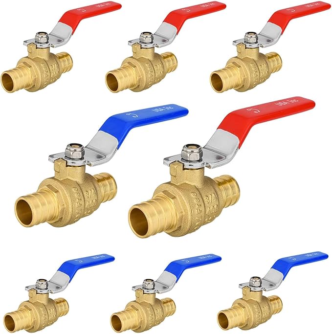 8-Pack Foskan 3/4" PEX Crimp Ball Valve, Brass Quarter Turn Full Port Shut-off Valve for PEX Tubing(Blue and Red)