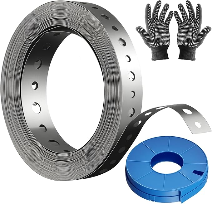 Galvanized Metal Pipe Strap 3/4" 32.8FT, 32-Gauge - Metal Hanger Strapping with Holes for Pipe Support, Flexible Trimming | Includes Storage Case & Gloves