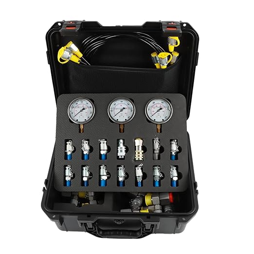 Hydraulic Pressure Test Coupling Kit, JIC BSPP ORFS Hydraulic Swivel Run Tees Set Repair Tools for Most Excavator Construction Machinery 3 Gauges 4 Test Hoses 14 Couplings 19 Tee Connectors