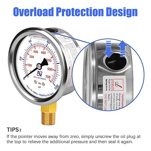 100 PSI Liquid Filled Pressure Gauge, 1/4 NPT Lower Mount, 2.5" Dial, 304 Stainless Steel Case, Glycerin Filled Plumbing Pressure Gauge, for Home Air/Oil/Water Pressure Test