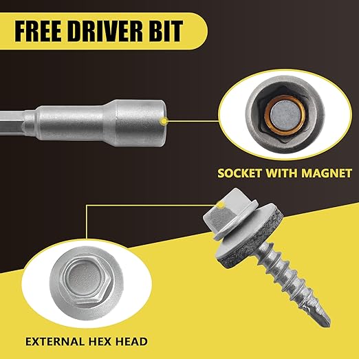 300pcs #10 x 1 Galvanized Hex Head Self-Drilling Metal Roofing Screws, EPDM Washer, No Paint, Wood Screws, Sheet Metal Roof Screw with Hex Driver Bit