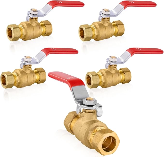 5 PCs HeSun Compression Ball Valve, 1/2'' Compression Brass Full Port Shut-off Valve, 600 WOG (Water, Oil and Gas), Red(VALVE114-5)