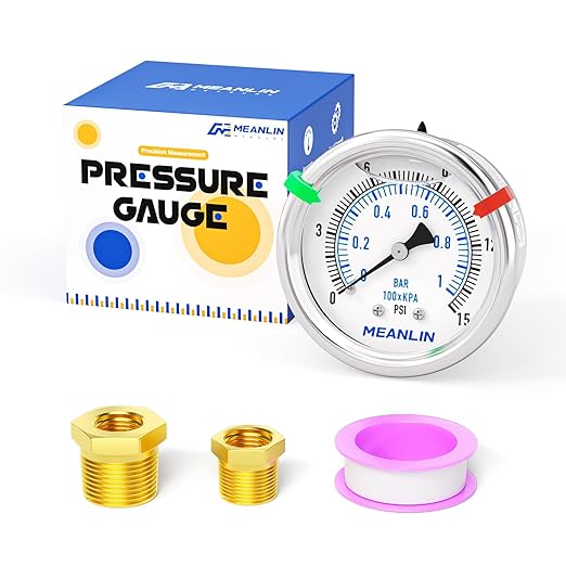 MEANLIN MEASURE 0~15Psi Low Liquid Filled Pressure Gauge Stainless Steel 1/4" NPT 2" FACE DIAL for Water Oil Air Well Pump Tank Tire Pressure Test Center Back Mount, with Hex Bushing and 2PCS Snaps
