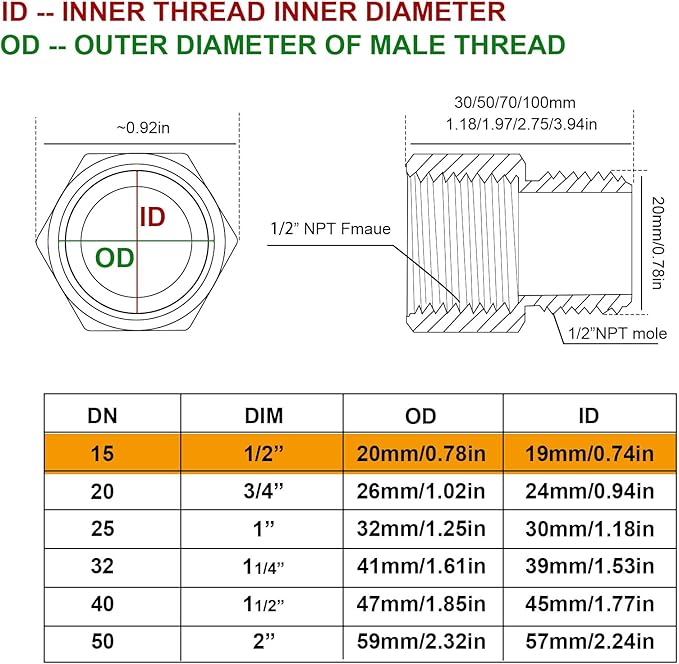 Extension Brass Fittings 1/2" Male Threaded Pipe Hex Bushing Adapter Converter Adapter, Female to 1/2" Copper Pipe Extension Connector Fittings Female Length 30 mm (3pc)