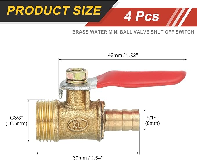 uxcell 4Pcs Brass Water Mini Ball Valve Shut Off Switch, G3/8" Male x 5/16" Hose Barb, 180 Degree Operation Handle, Brass Valve