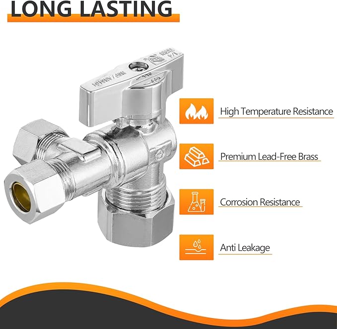 50-PCs HeSun Quarter-Turn Compression Angle Valve, 1/2" Nominal (5/8"OD) x 3/8" OD x 3/8" OD, Dual Compression Outlet Shut Off Valve, Chrome Plated Brass(VALVE206-50)