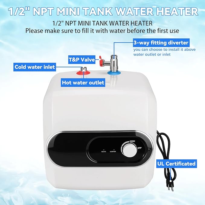 4 Gallon Mini Tank Water Heater, 110V-120V 1500W Electric Hot Water Tank with Safety Valve, 1/2" NPT, Compact Under Sink Water Heater for Bathroom, RV, Camper, Kitchen (White)
