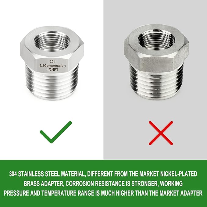 TAISHER 2PCS 304 Stainless Steel Reducer Water Hose Adapter 1/2" NPT × 3/8" Compression Pipe Fitting for kitchen bathroom faucet supply line adapter with rubber gasket