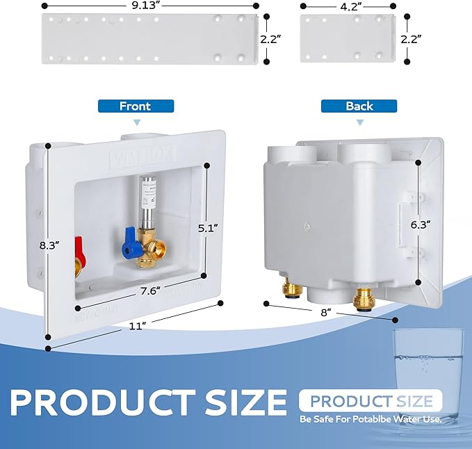Premium Washing Machine Outlet Box, with Stainless Steel Water Hammer Arrestor, 1/2" Push-Fit x 3/4" MHT, Laundry Washer Valve Outlet Box with Clear Text Instructions
